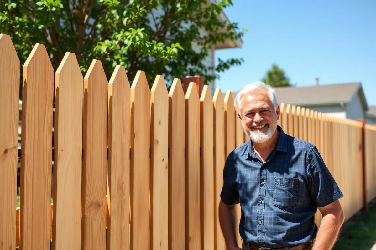 Happy homeowner beside newly installed wood fence